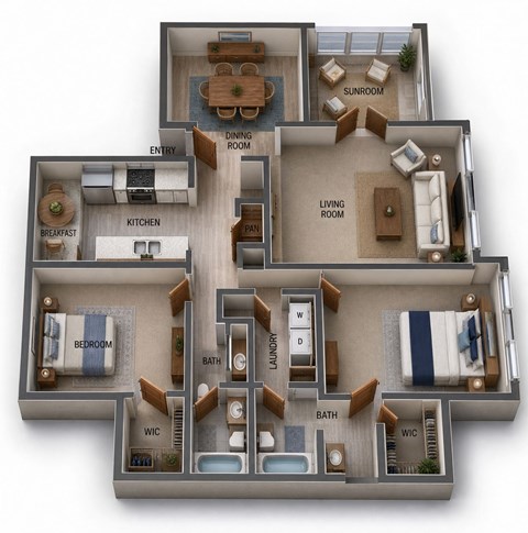 Floor plan for 2 beds, 2 baths, 1400 sqft